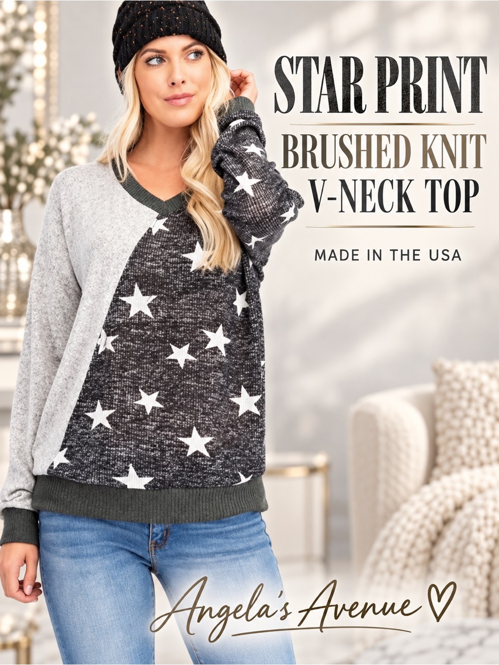 STAR PRINT BRUSHED KNIT V NECK TOP NEW